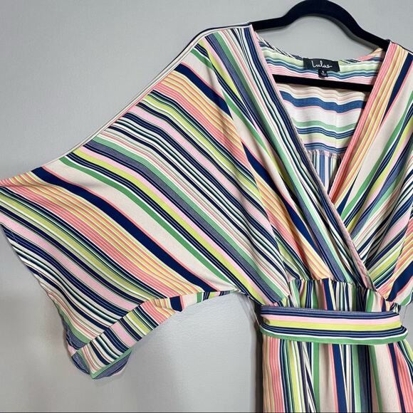 Lulu’s Rainbow High Potential Blush Multi Stripe Dolman Sleeve Dress Size Small - Picture 4 of 7